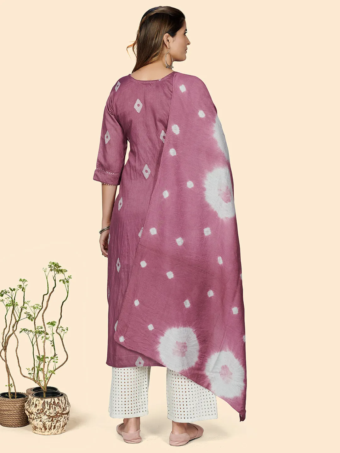 Women'S Batik Print Straight Chanderi Rust Pink Stitched Kurta With Dupatta