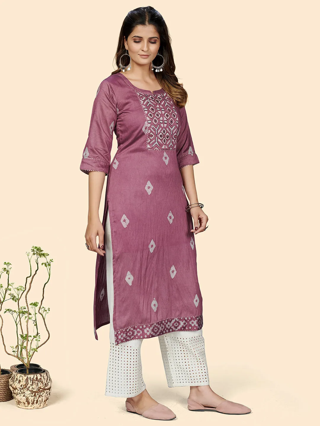 Women'S Batik Print Straight Chanderi Rust Pink Stitched Kurta With Dupatta