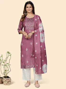 Women'S Batik Print Straight Chanderi Rust Pink Stitched Kurta With Dupatta