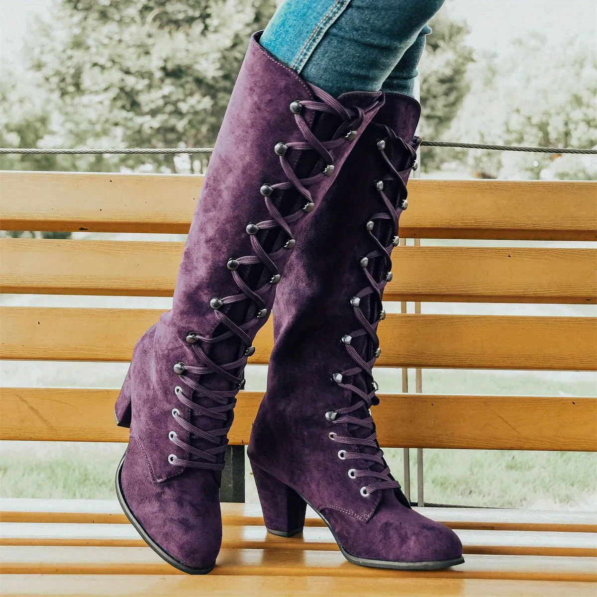 Women's Chunky Heeled Long Boots, Retro Solid Color Lace Up Knee High Boots, Casual Heeled Riding Boots