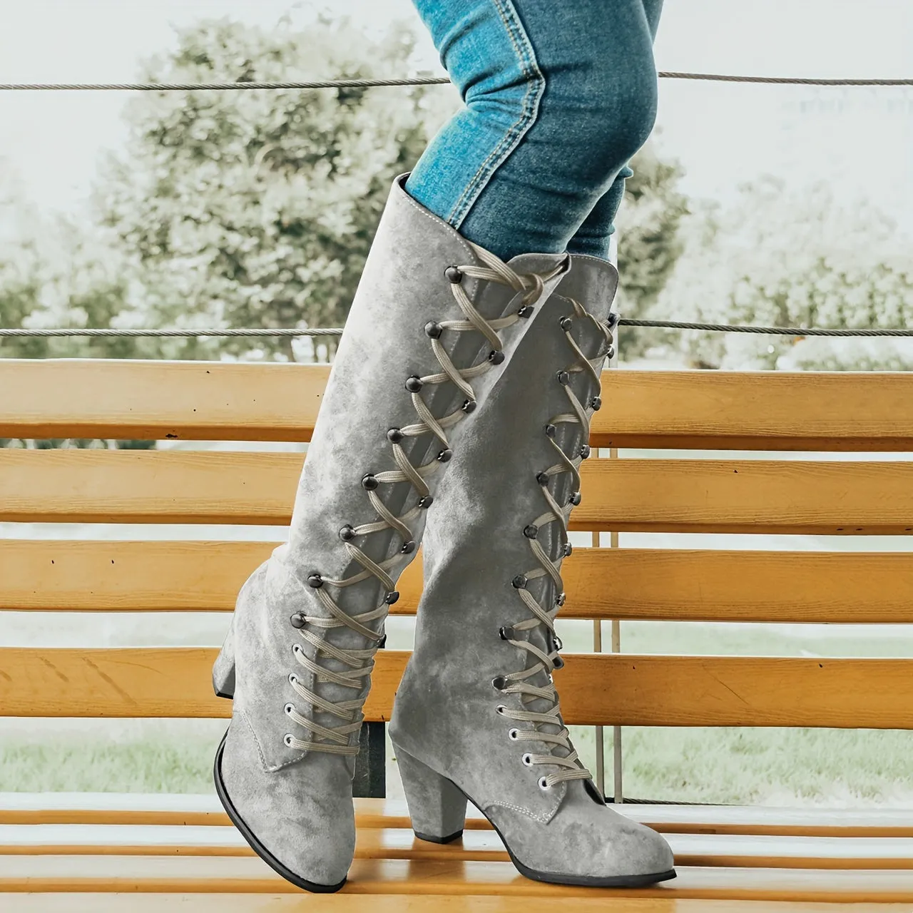 Women's Chunky Heeled Long Boots, Retro Solid Color Lace Up Knee High Boots, Casual Heeled Riding Boots