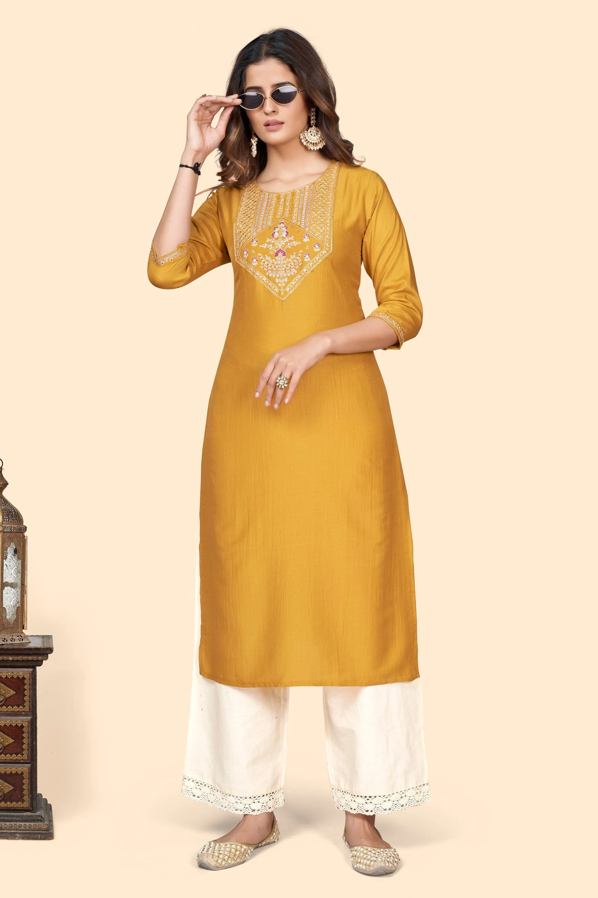 Women'S Embroidered Straight Chinon Yellow Stitched Kurta