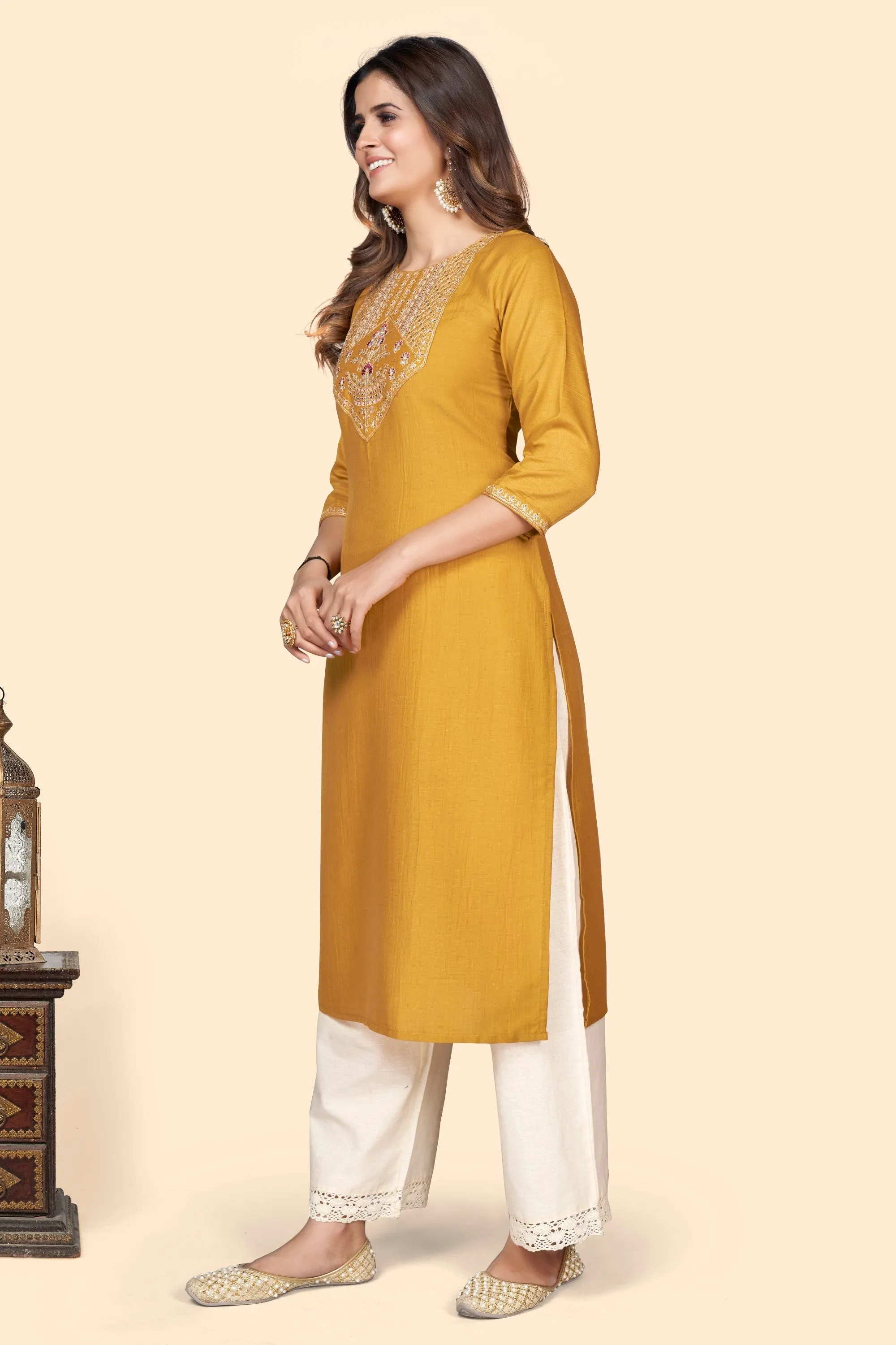 Women'S Embroidered Straight Chinon Yellow Stitched Kurta