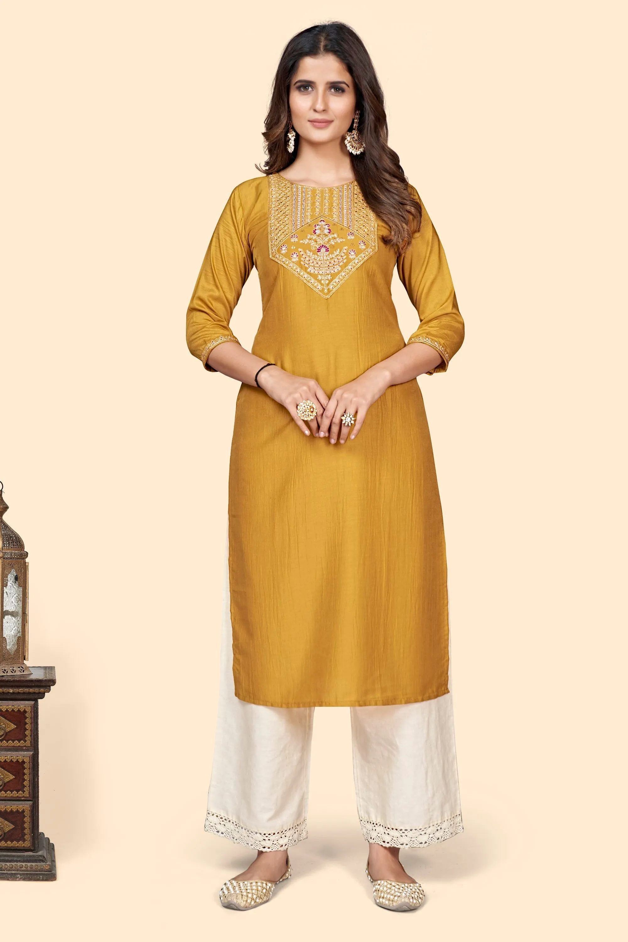 Women'S Embroidered Straight Chinon Yellow Stitched Kurta