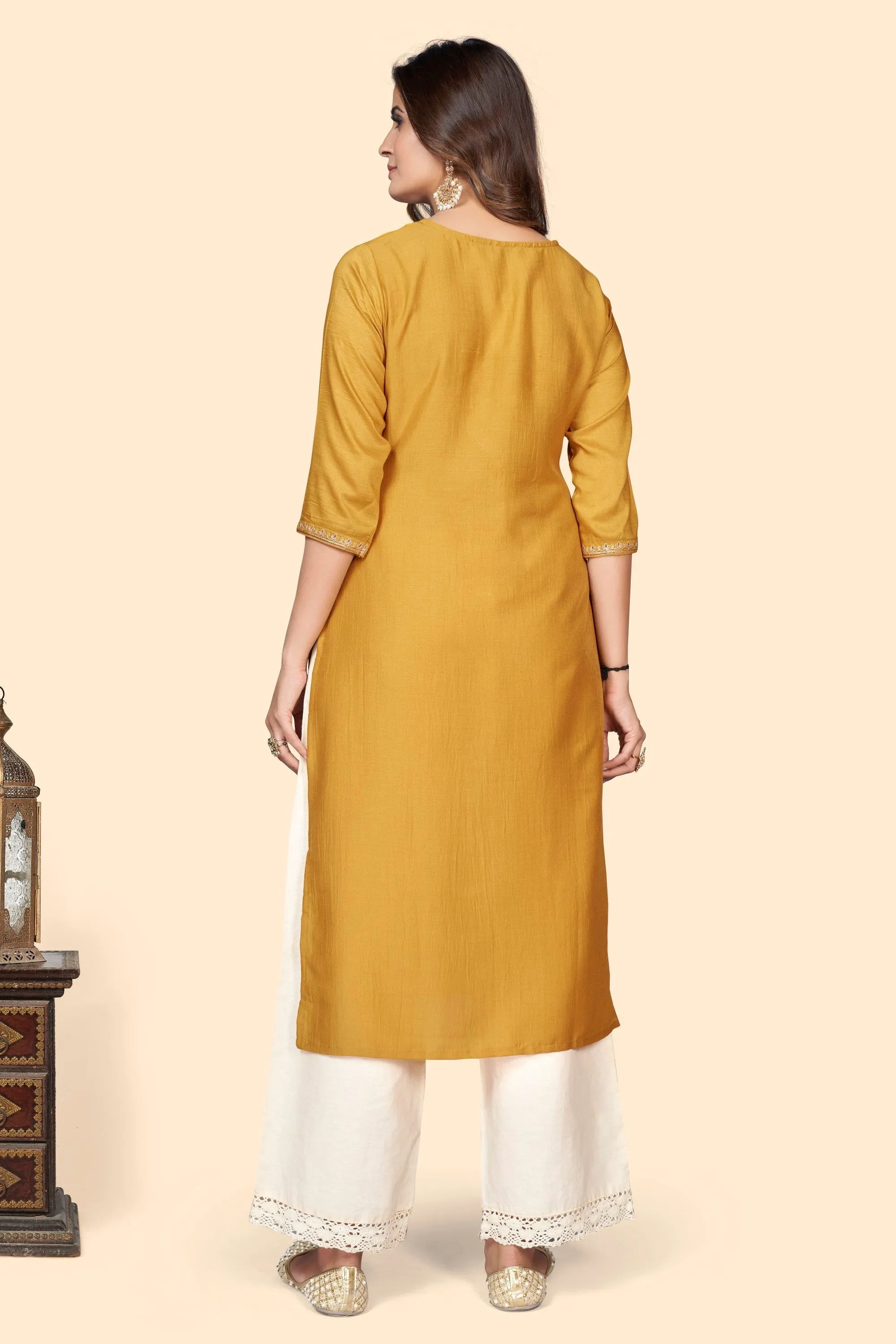 Women'S Embroidered Straight Chinon Yellow Stitched Kurta