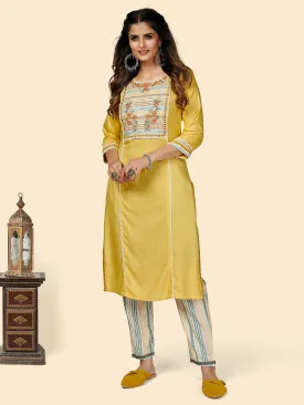 Women'S Embroidered Straight Cotton Yellow Stitched Kurta With Pant