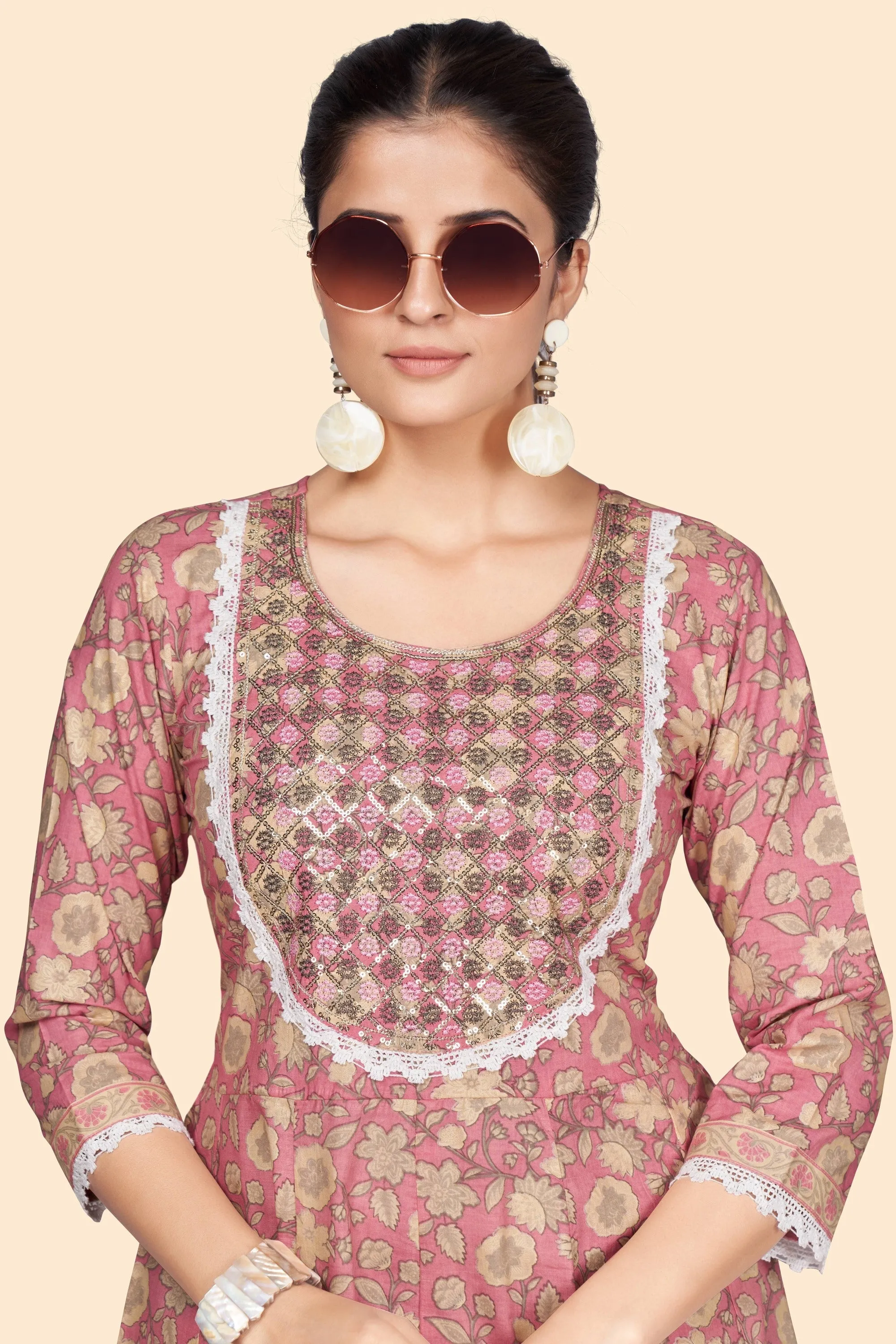 Women'S Print & Embroidered A-Line Cotton Pink Stitched Kurta