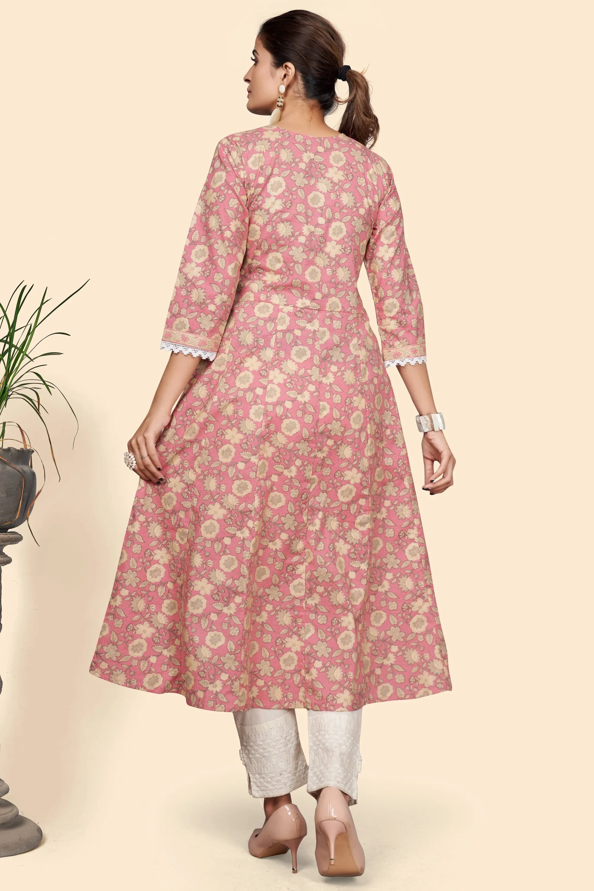 Women'S Print & Embroidered A-Line Cotton Pink Stitched Kurta