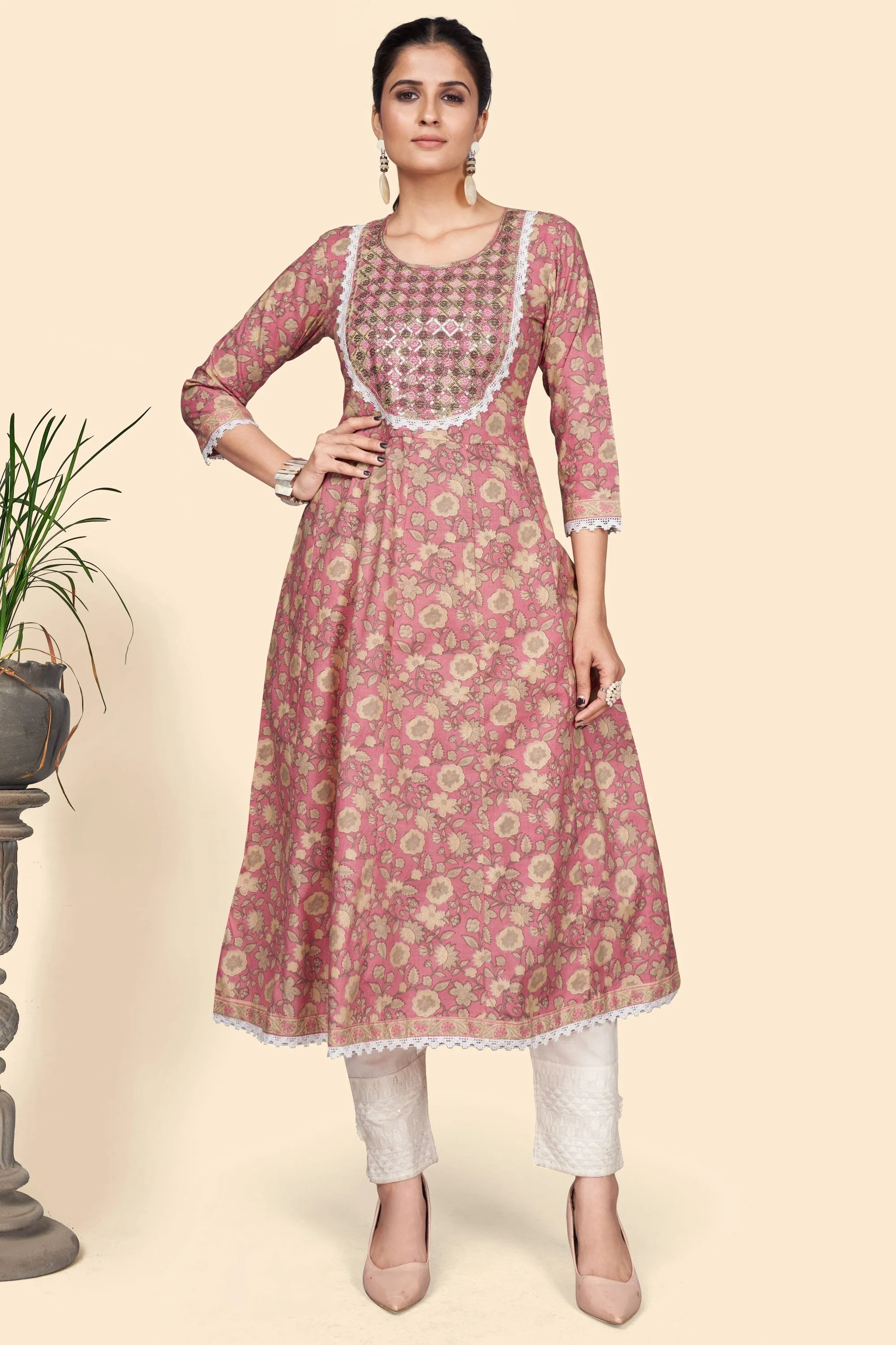 Women'S Print & Embroidered A-Line Cotton Pink Stitched Kurta