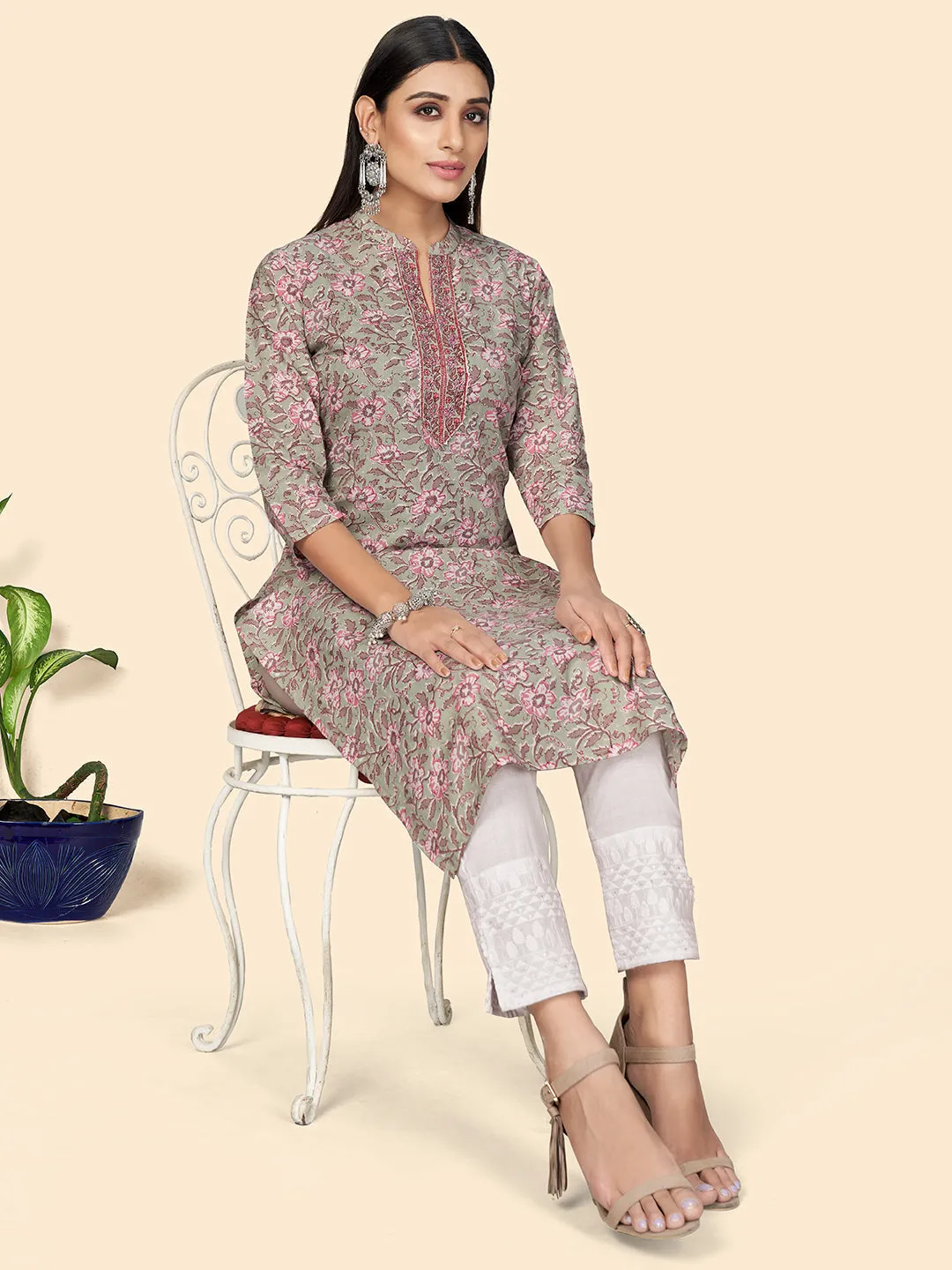 Women'S Print & Embroidered Straight Cotton Teal Green Stitched Kurta