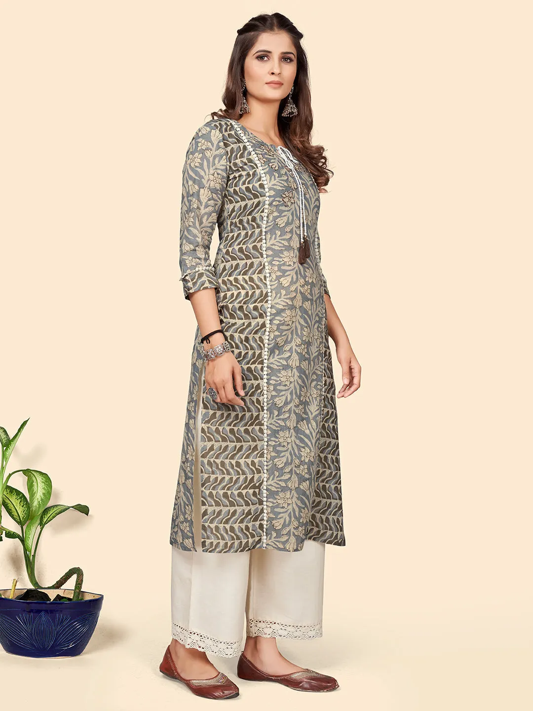 Women'S Print & Hand Work Straight Cotton Grey Stitched Kurta