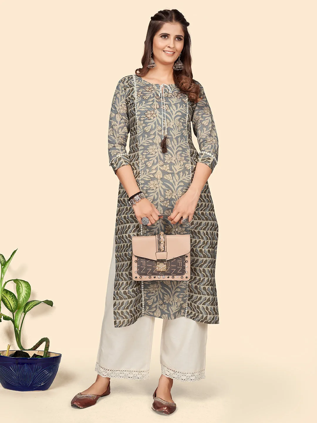 Women'S Print & Hand Work Straight Cotton Grey Stitched Kurta