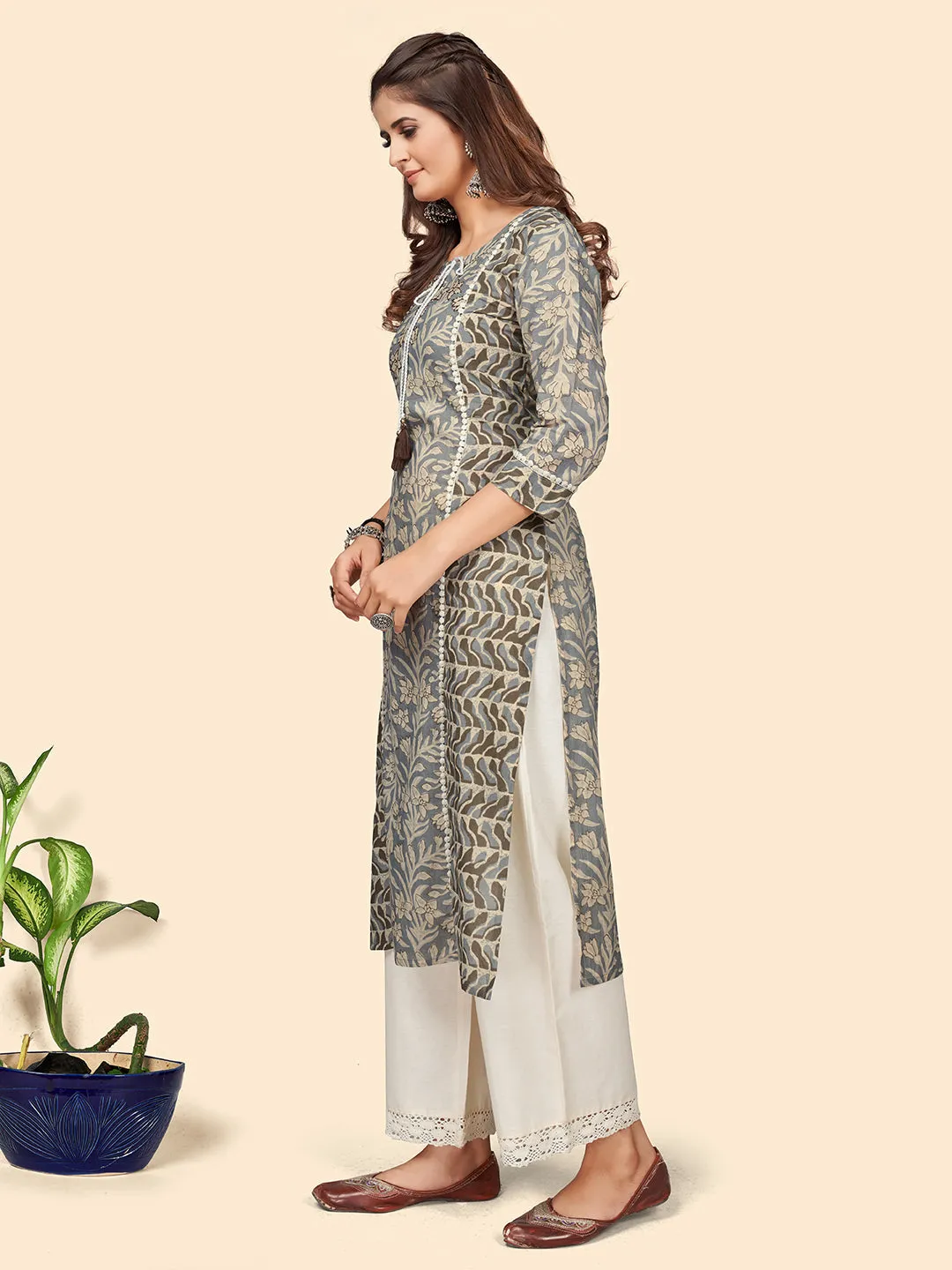 Women'S Print & Hand Work Straight Cotton Grey Stitched Kurta