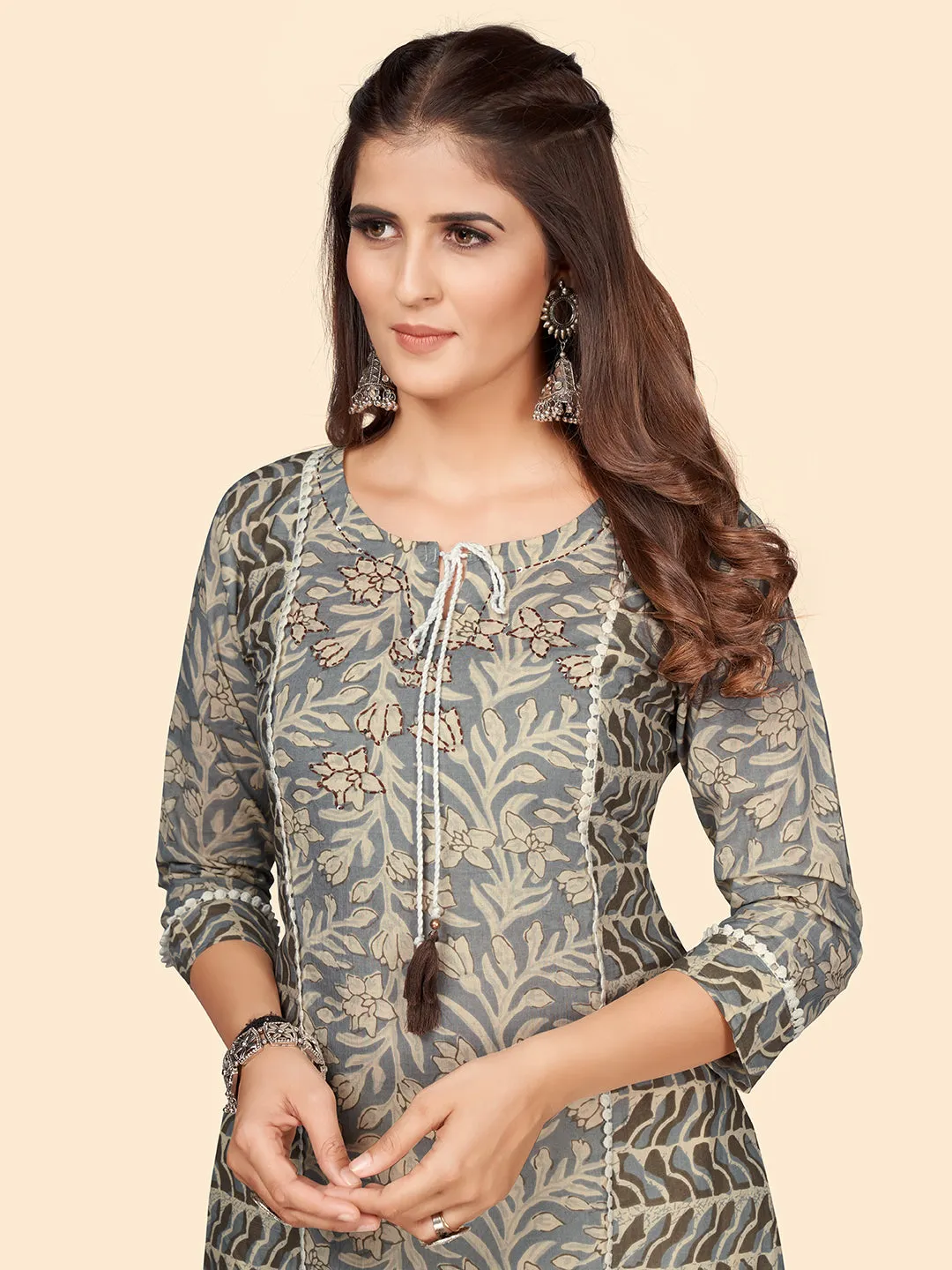 Women'S Print & Hand Work Straight Cotton Grey Stitched Kurta