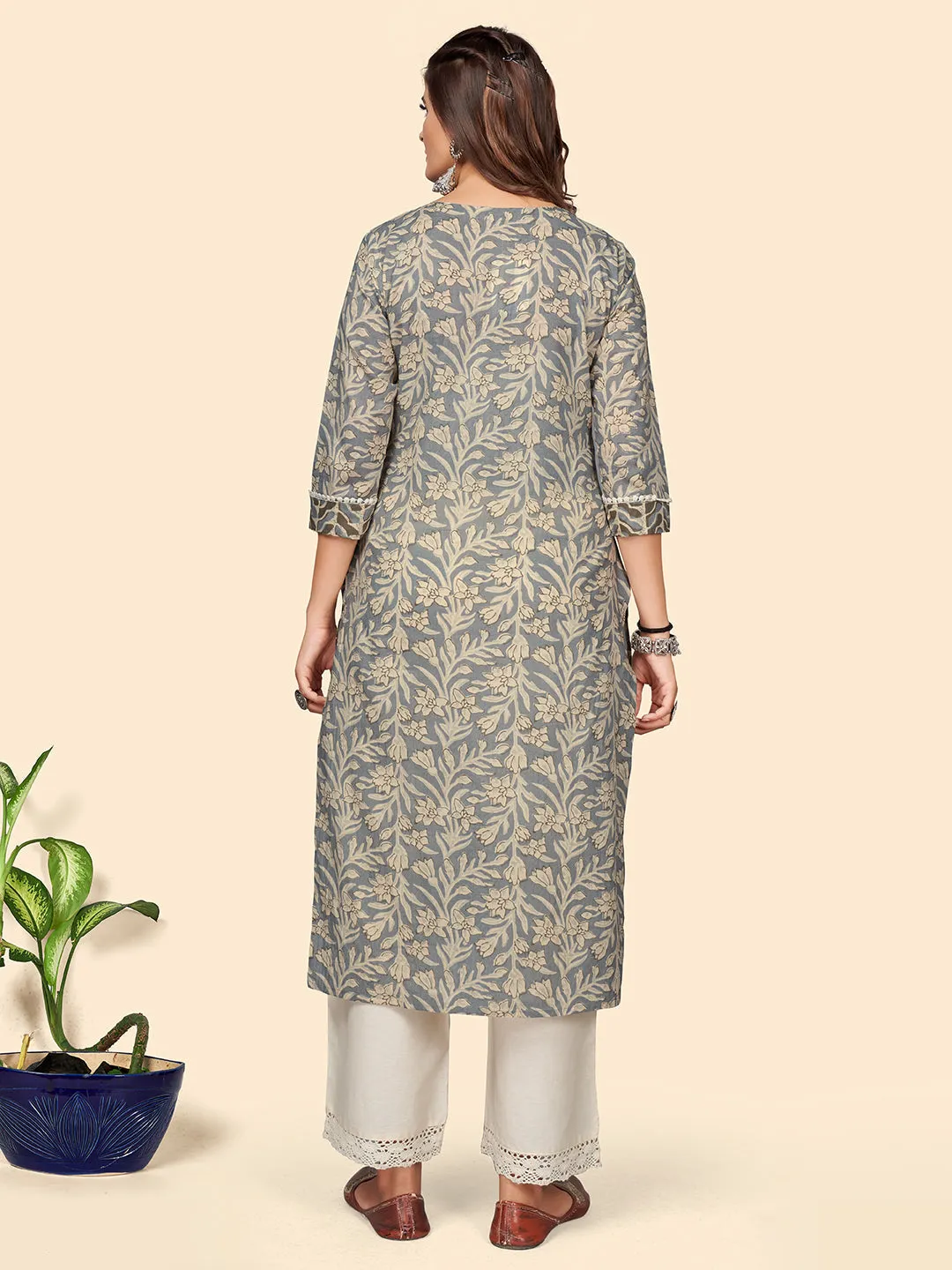 Women'S Print & Hand Work Straight Cotton Grey Stitched Kurta