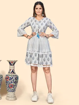 Women'S Print & Lace Insertion A-Line Cotton White & Blue Stitched Dress