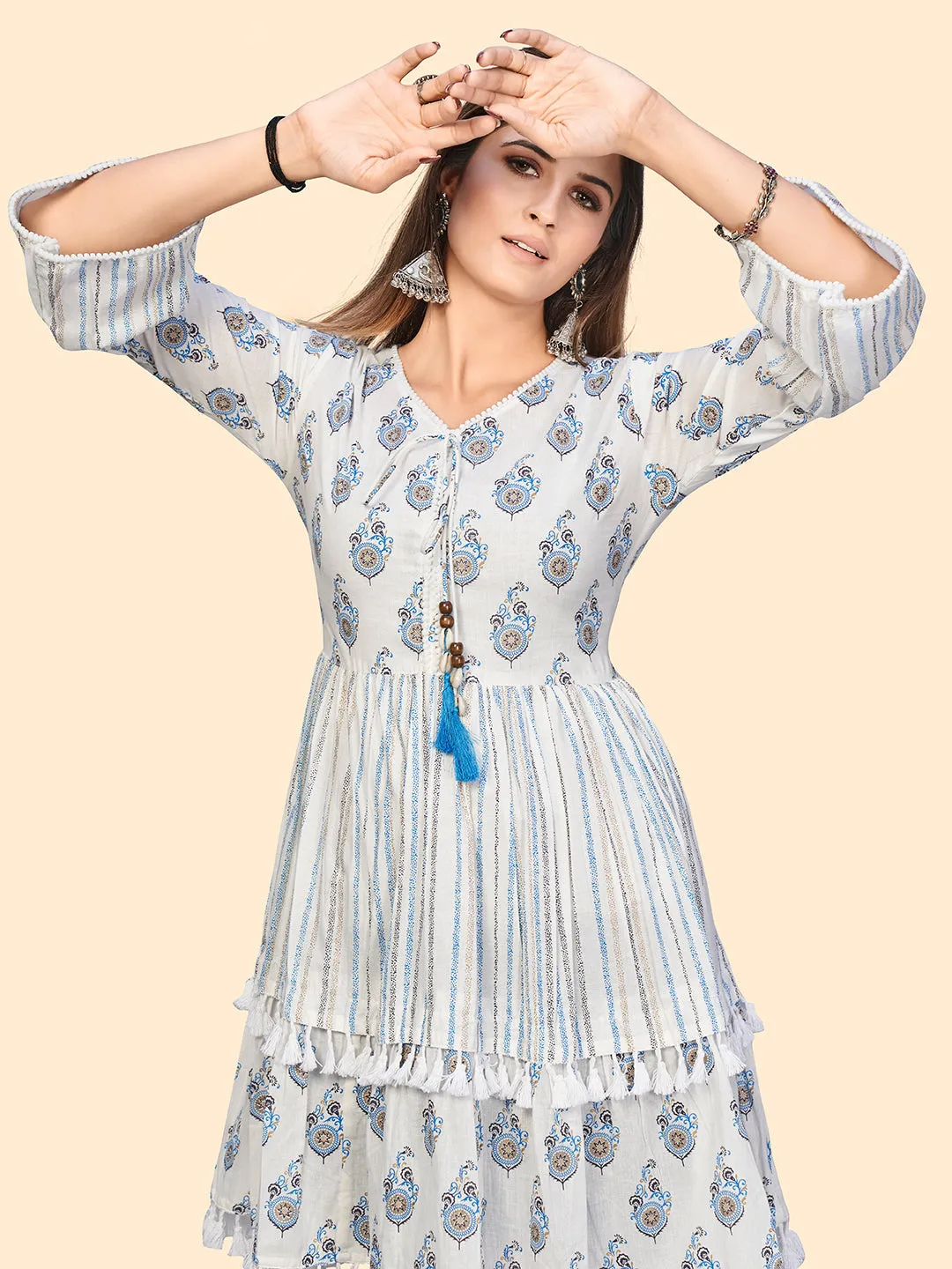 Women'S Print & Lace Insertion A-Line Cotton White & Blue Stitched Dress