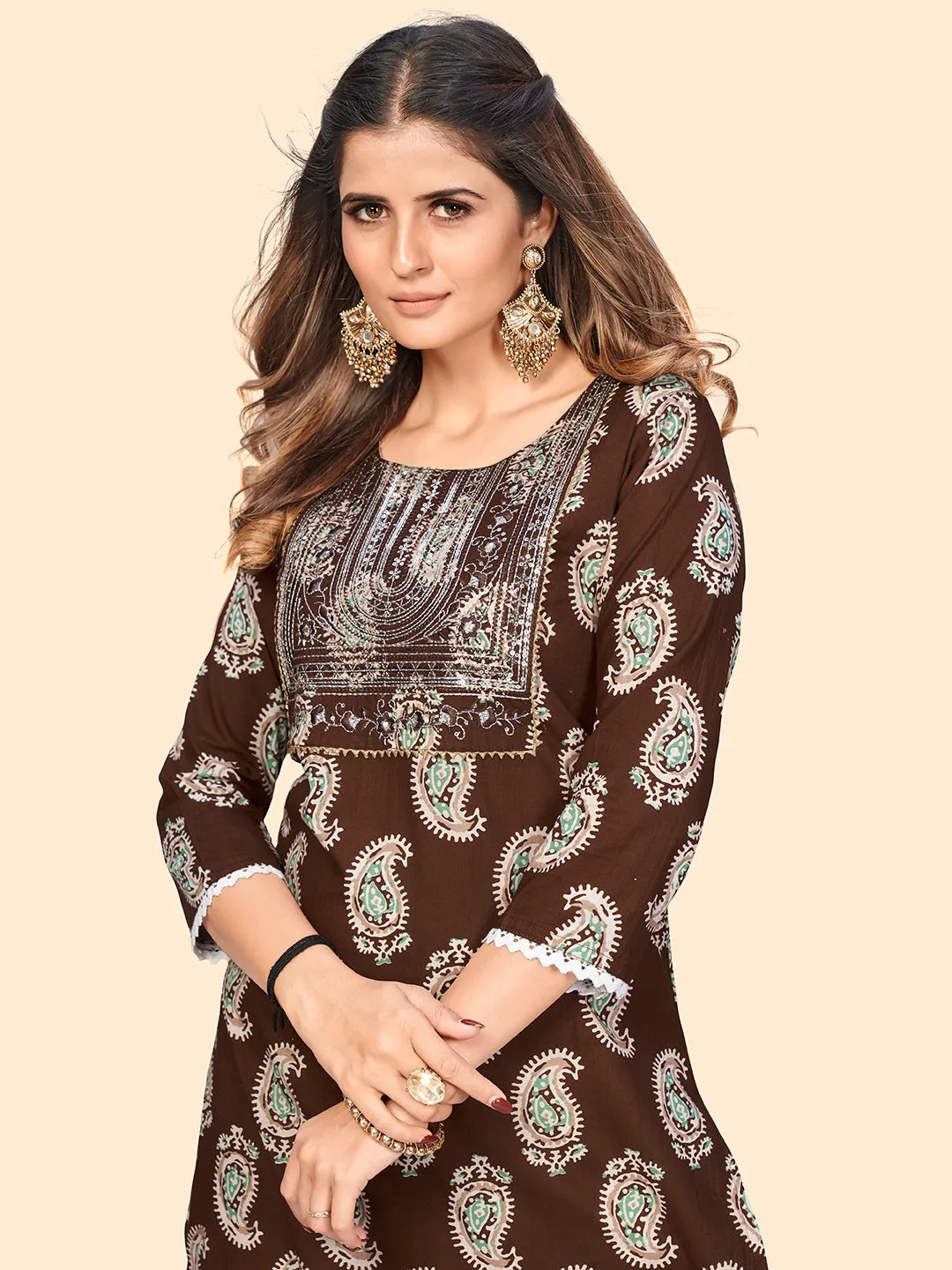 Women'S Print & Sequience Straight Cotton Brown Stitched Kurta