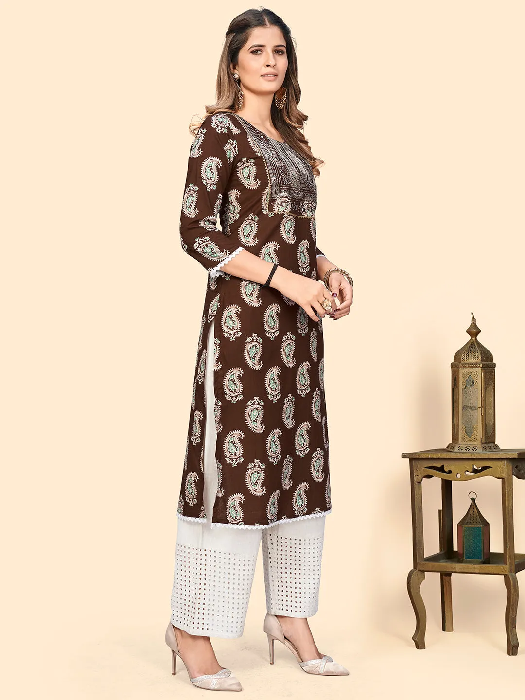 Women'S Print & Sequience Straight Cotton Brown Stitched Kurta