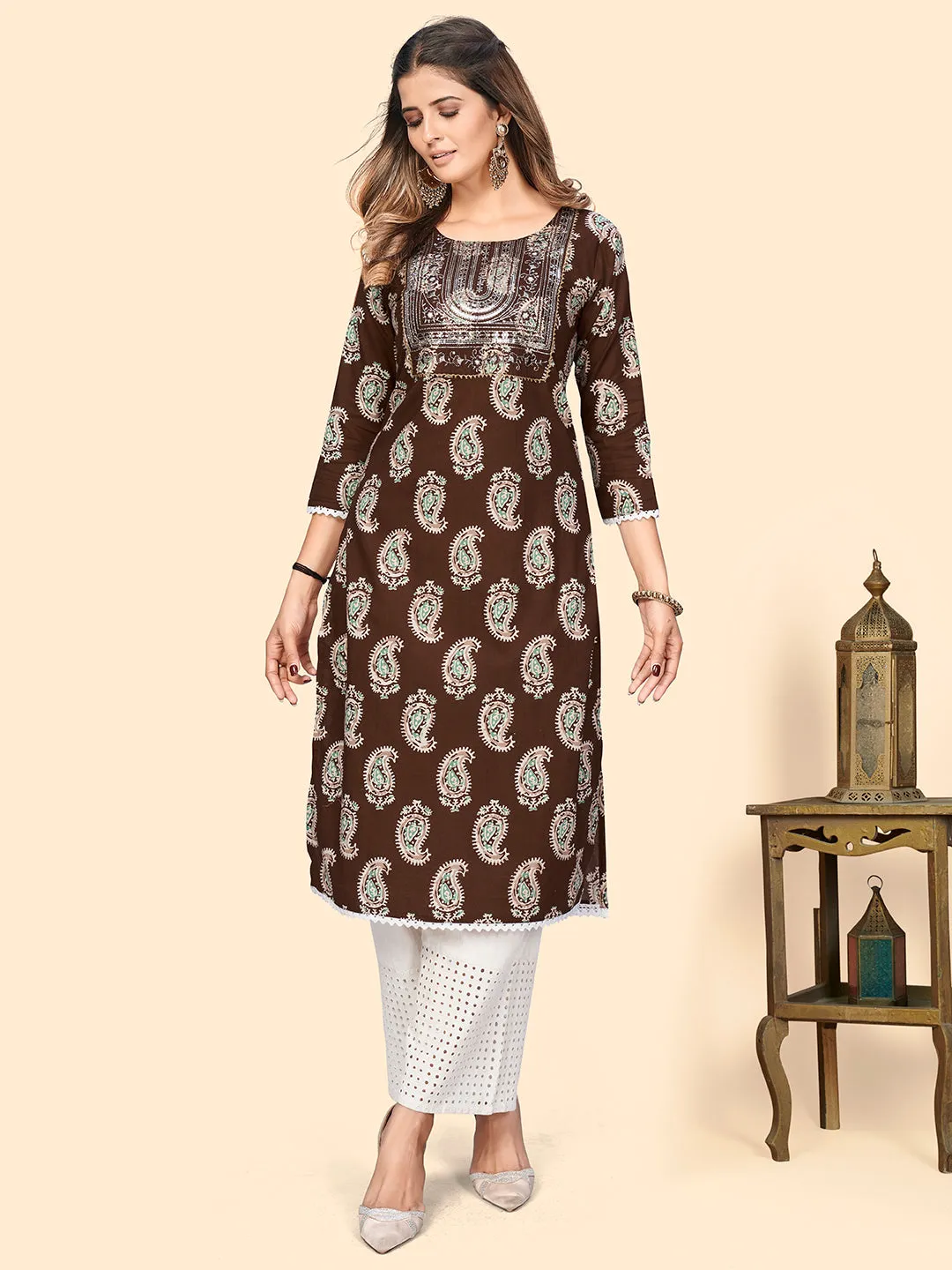 Women'S Print & Sequience Straight Cotton Brown Stitched Kurta