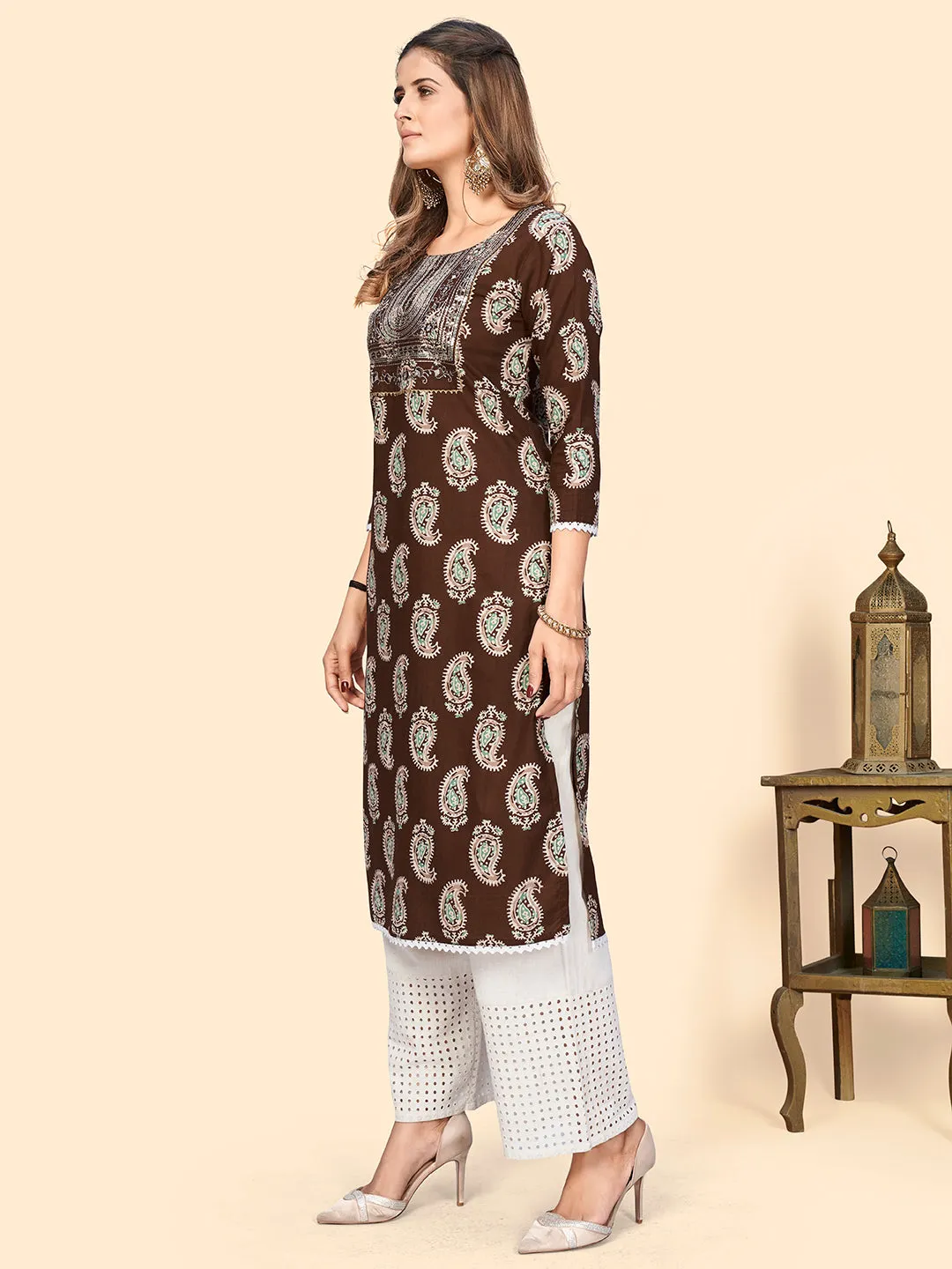 Women'S Print & Sequience Straight Cotton Brown Stitched Kurta