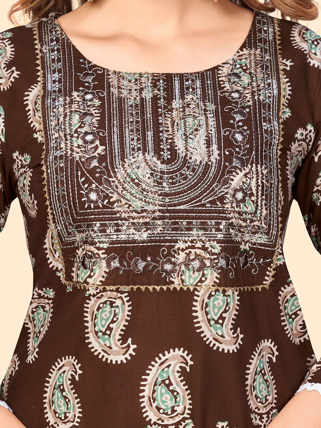 Women'S Print & Sequience Straight Cotton Brown Stitched Kurta