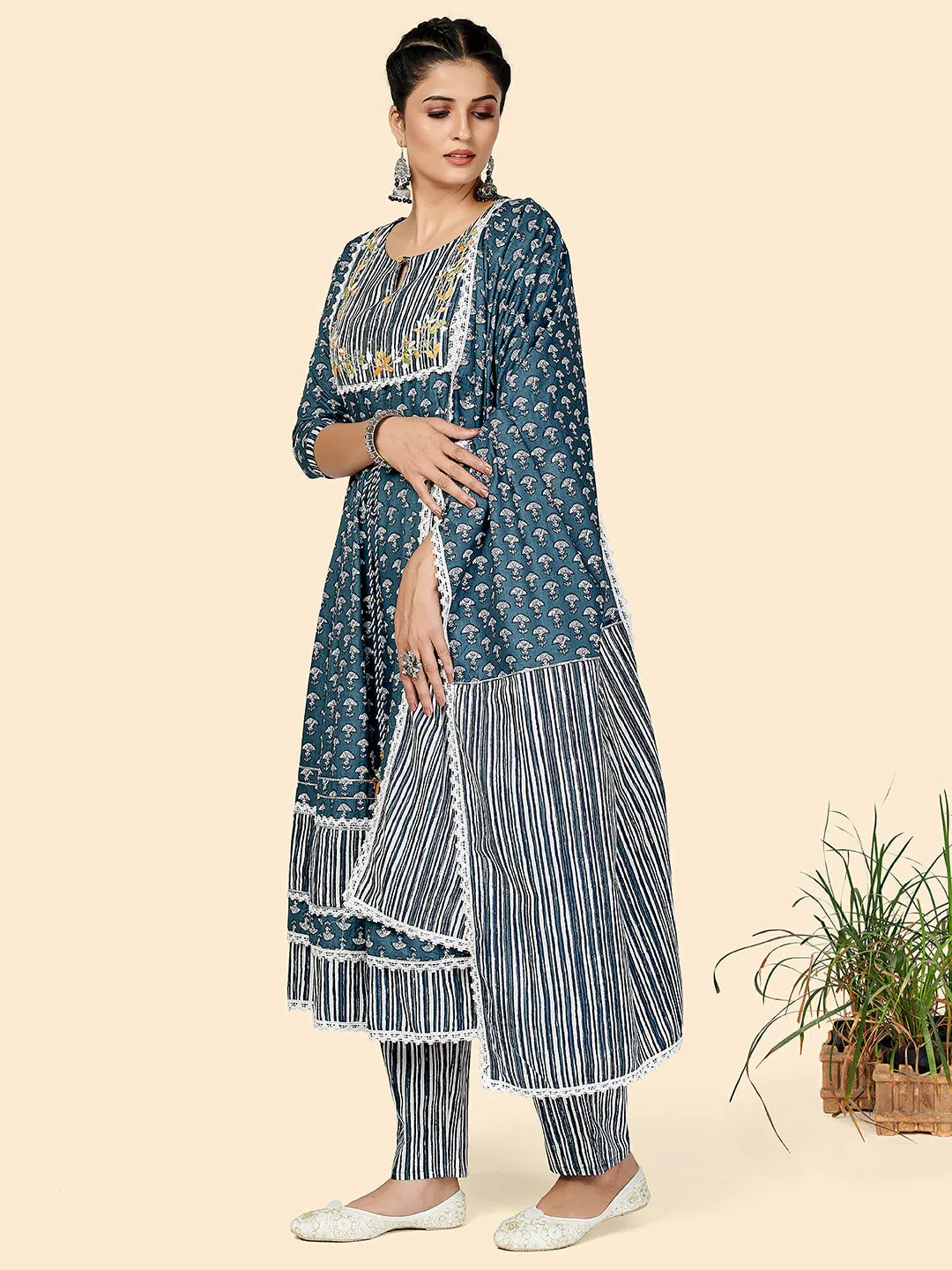 Women'S Printed & Embroidered Anarkali Cotton Blue Stitched Kurta Pant With Dupatta