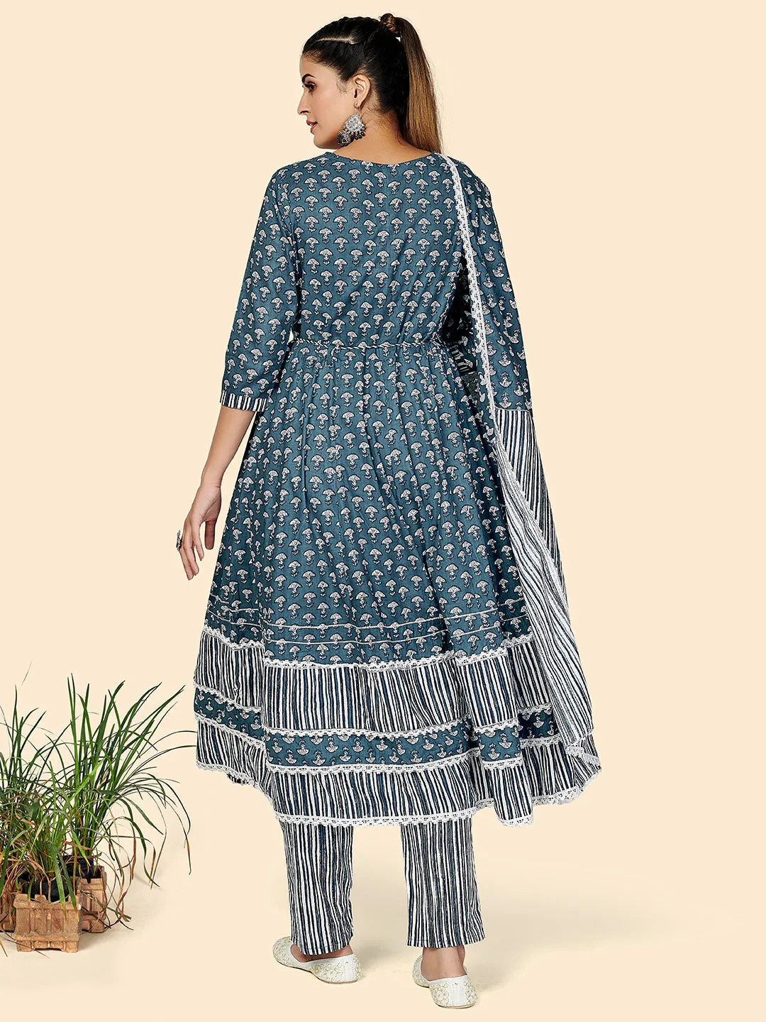 Women'S Printed & Embroidered Anarkali Cotton Blue Stitched Kurta Pant With Dupatta