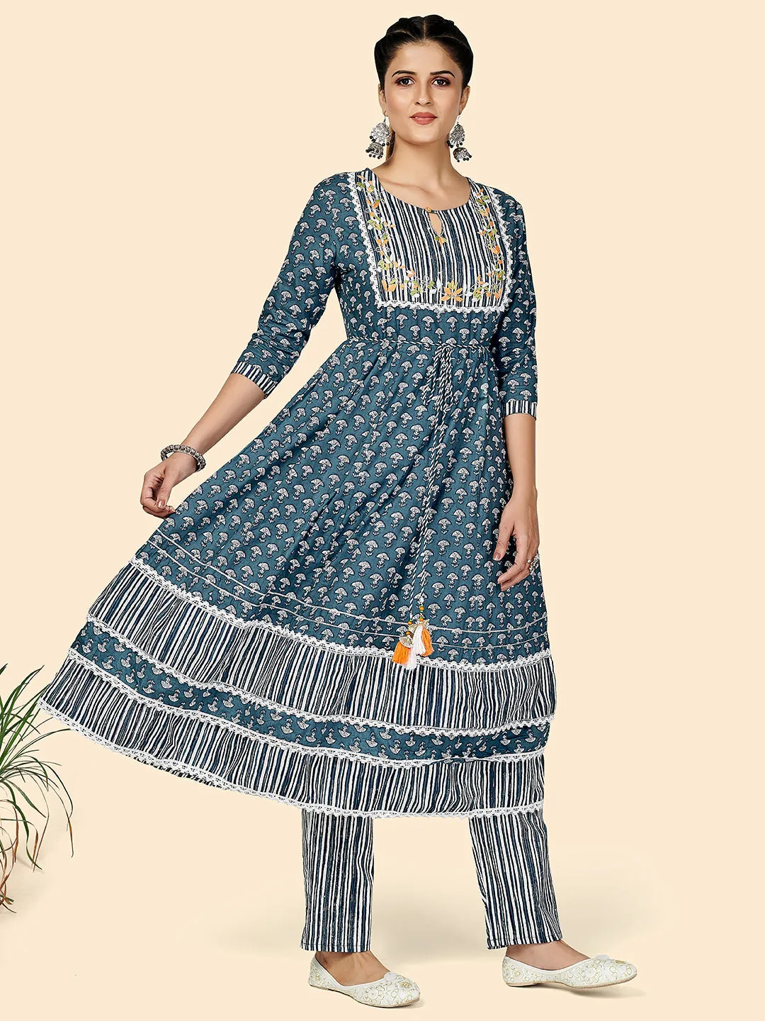 Women'S Printed & Embroidered Anarkali Cotton Blue Stitched Kurta Pant With Dupatta