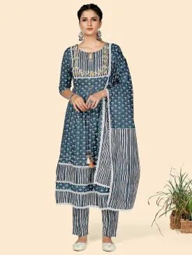 Women'S Printed & Embroidered Anarkali Cotton Blue Stitched Kurta Pant With Dupatta