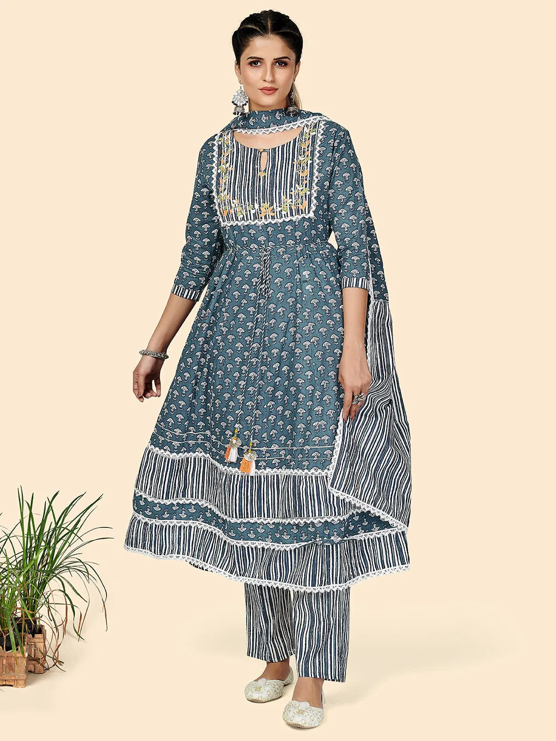 Women'S Printed & Embroidered Anarkali Cotton Blue Stitched Kurta Pant With Dupatta