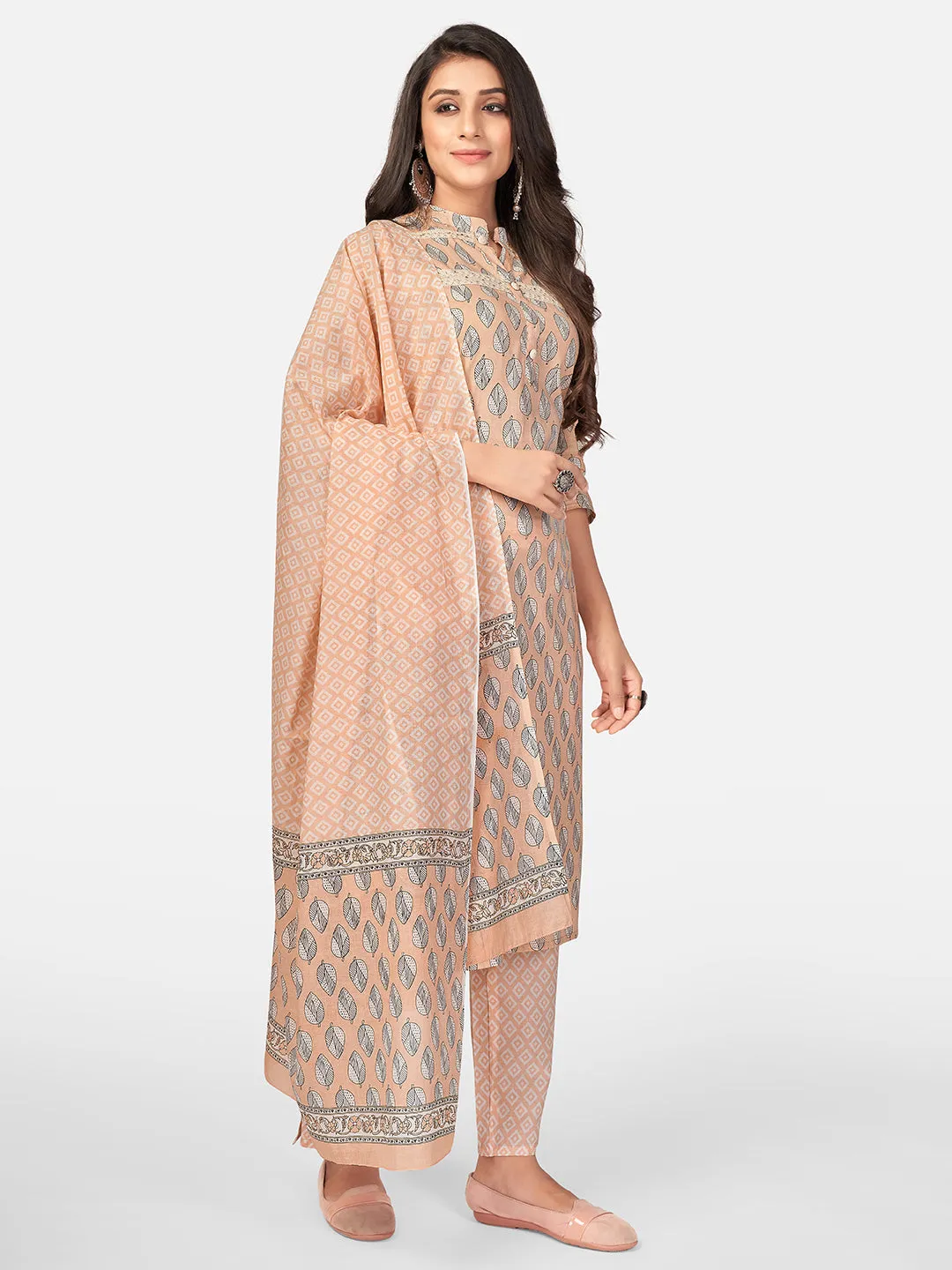 Women'S Printed & Lace Work Straight Cotton Light Peach Kurta Pant With Dupatta