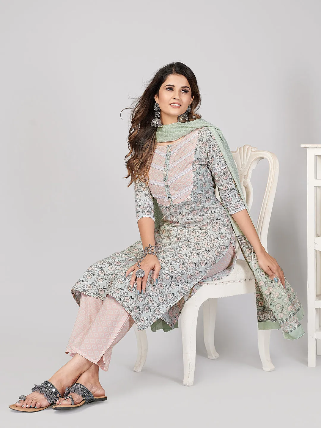 Women'S Printed & Sequence Work Straight Cotton Light Green Stitched Kurta Pant With Dupatta