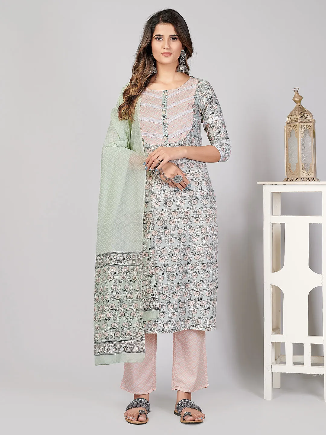 Women'S Printed & Sequence Work Straight Cotton Light Green Stitched Kurta Pant With Dupatta