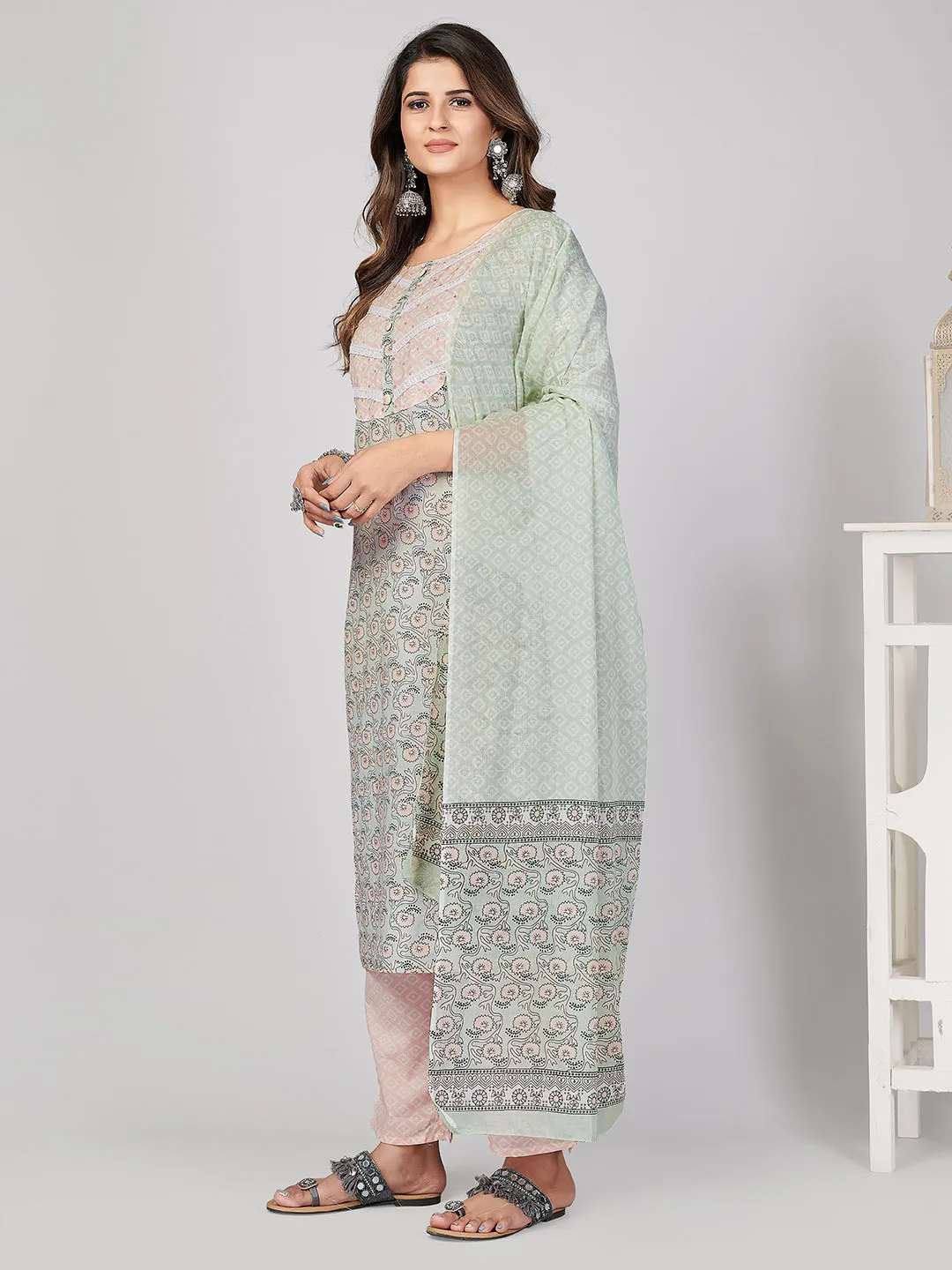 Women'S Printed & Sequence Work Straight Cotton Light Green Stitched Kurta Pant With Dupatta