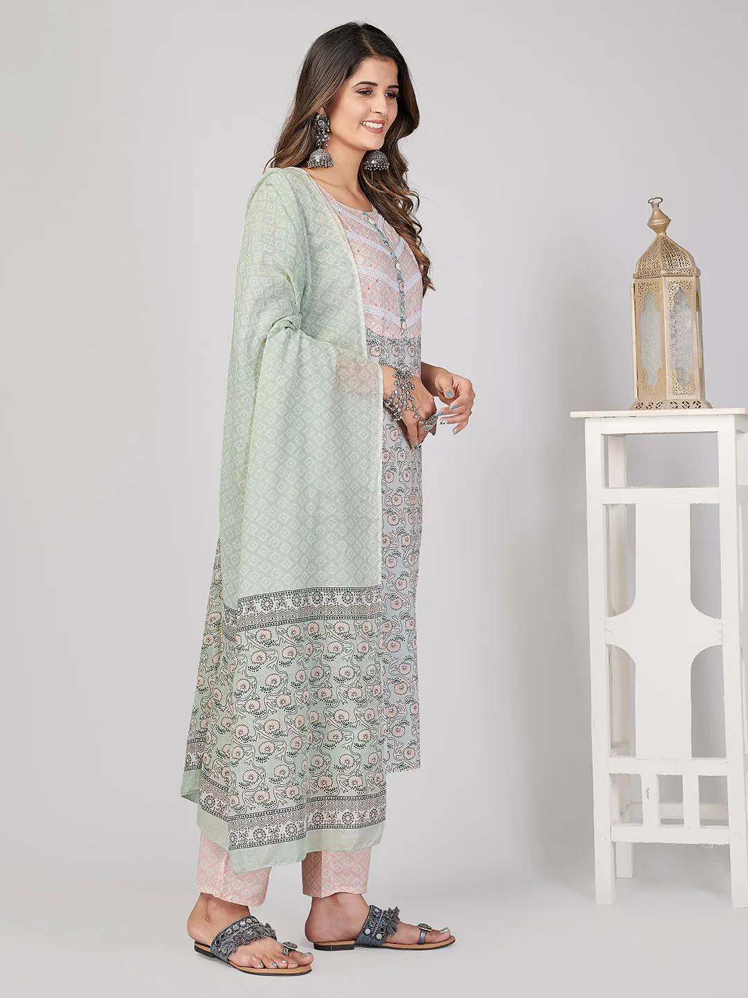 Women'S Printed & Sequence Work Straight Cotton Light Green Stitched Kurta Pant With Dupatta