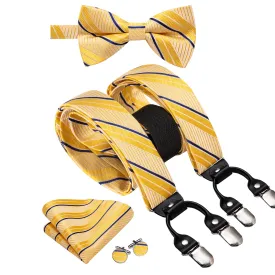 Yellow Blue Striped Suspender Bowtie Hanky Cufflinks Set