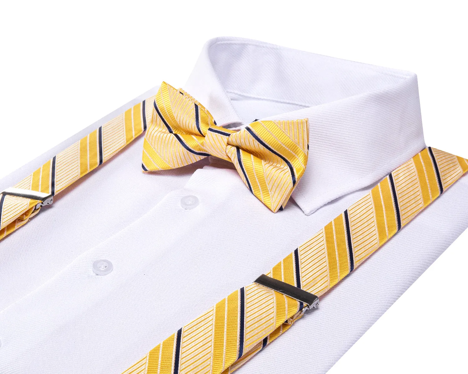 Yellow Blue Striped Suspender Bowtie Hanky Cufflinks Set