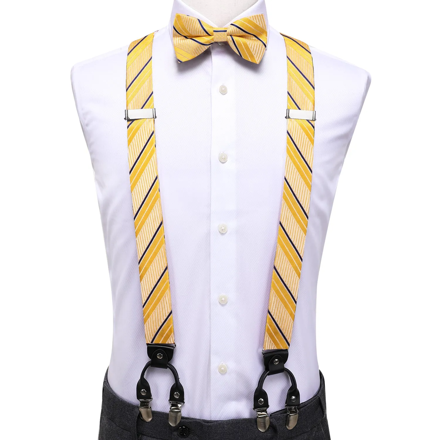 Yellow Blue Striped Suspender Bowtie Hanky Cufflinks Set